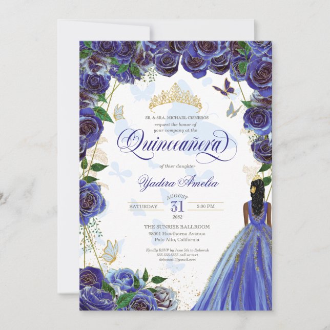 Royal Blue Guld Ro Elegant Butterfly Quinceanera Inbjudningar (Framsida)
