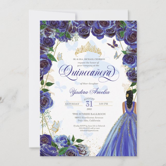 Royal Blue Guld Ro Elegant Butterfly Quinceanera Inbjudningar (Framsida)