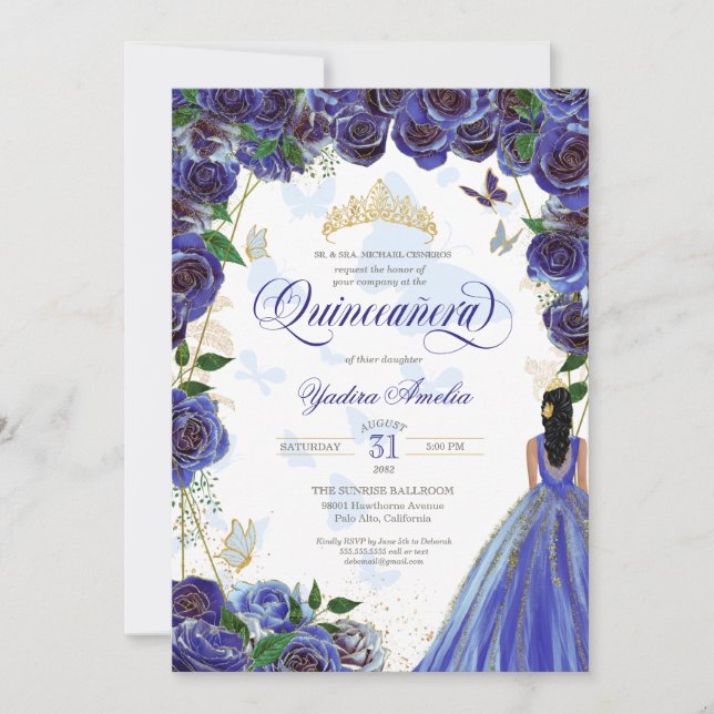 Royal Blue Guld Ro Elegant Butterfly Quinceanera Inbjudningar (Framsida)