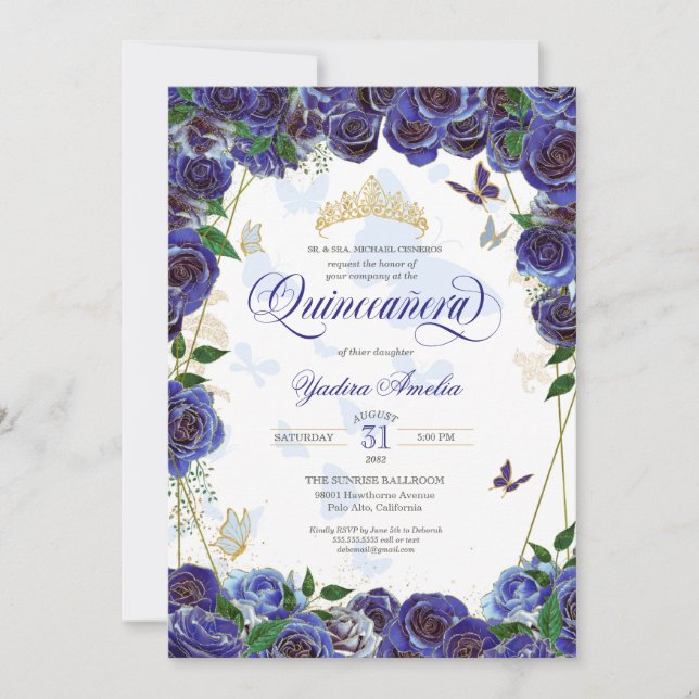 Royal Blue Guld Ro Elegant Butterfly Quinceanera Inbjudningar (Framsida)