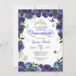 Royal Blue Guld Ro Elegant Butterfly Quinceanera Inbjudningar