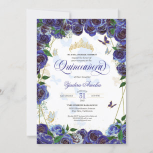 Royal Blue Guld Ro Elegant Butterfly Quinceanera Inbjudningar