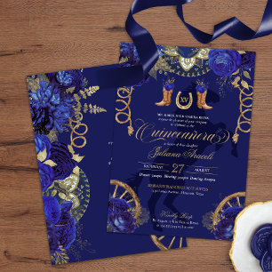 Royal Blue Guld Ro Elegant Charro Quinceanera Inbjudningar