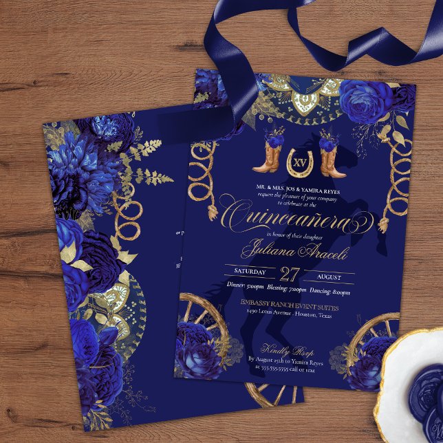 Royal Blue Guld Ro Elegant Charro Quinceanera Inbjudningar (Skapare uppladdad)