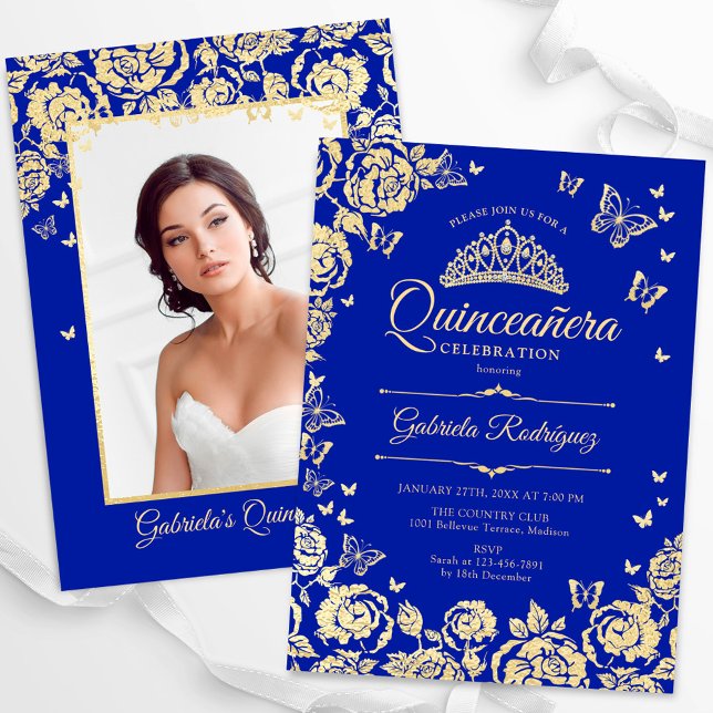 Royal Blue Guld Ro Quinceanera Photo Inbjudningar (Skapare uppladdad)