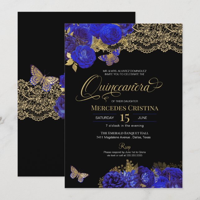 Royal Blue & Guld Ro Snöre Butterfly Quinceañera Inbjudningar (Fram/baksida)