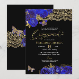Royal Blue & Guld Ro Snöre Butterfly Quinceañera Inbjudningar