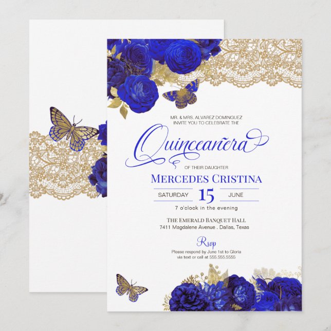 Royal Blue & Guld Ro Snöre Butterfly Quinceañera Inbjudningar (Fram/baksida)