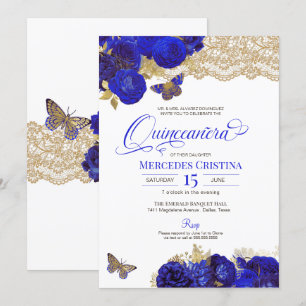 Royal Blue & Guld Ro Snöre Butterfly Quinceañera Inbjudningar