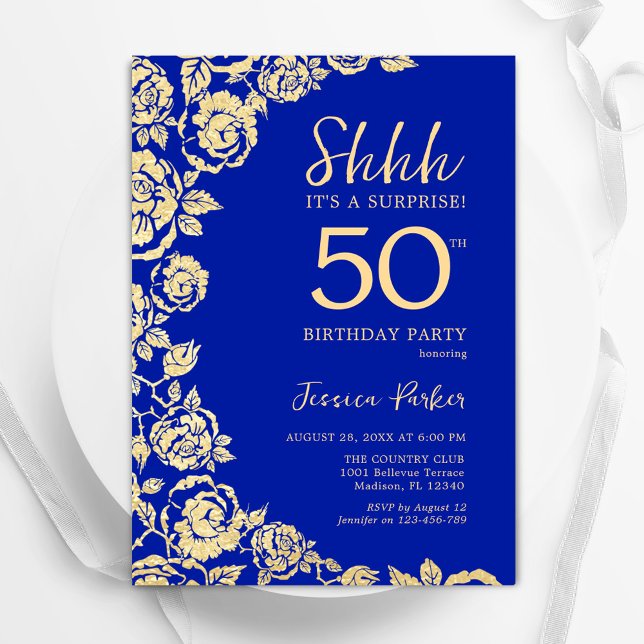 Royal Blue Guld Ro Surprise 50:e födelsedagen Inbjudningar (Skapare uppladdad)