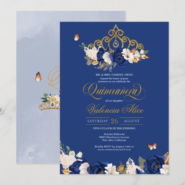 Royal Blue Guld Ro Tiara Butterfly Quinceañera Inbjudningar (Fram/baksida)