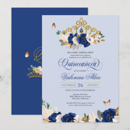 Royal Blue Guld Ro Tiara Butterfly Quinceañera Inbjudningar