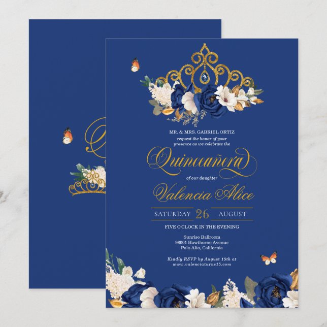 Royal Blue Guld Ro Tiara Butterfly Quinceañera Inbjudningar (Fram/baksida)