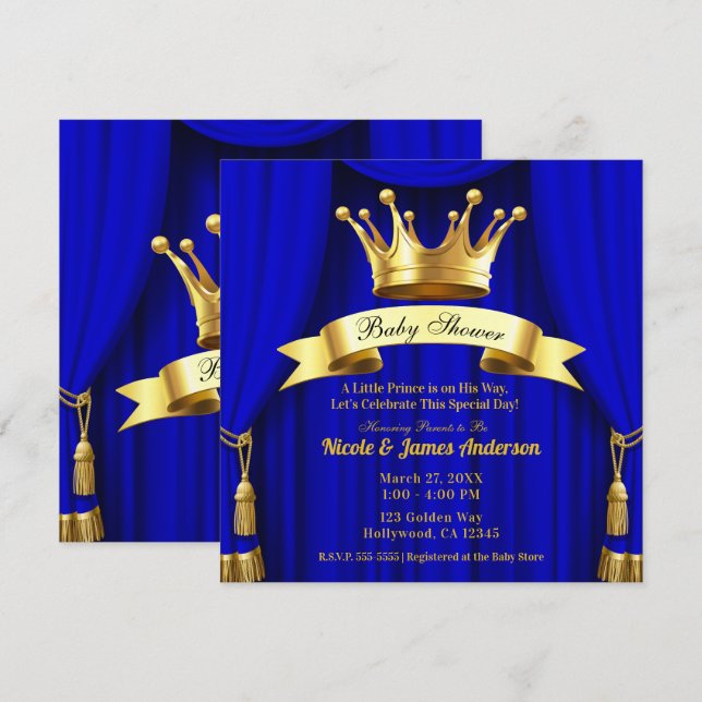 Royal Blue Guld Royal Krona Prince Baby Shower för Inbjudningar (Fram/baksida)