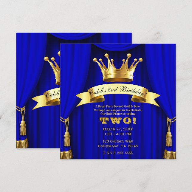 Royal Blue Guld Royal Krona Prince Födelsedagsfest Inbjudningar (Fram/baksida)