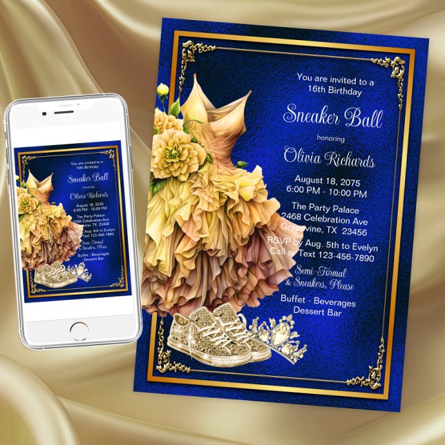Royal Blue Guld Sneaker Bal  Inbjudningar (Royal blue gold sneaker ball invitation. Instant download and printed invitations available.)
