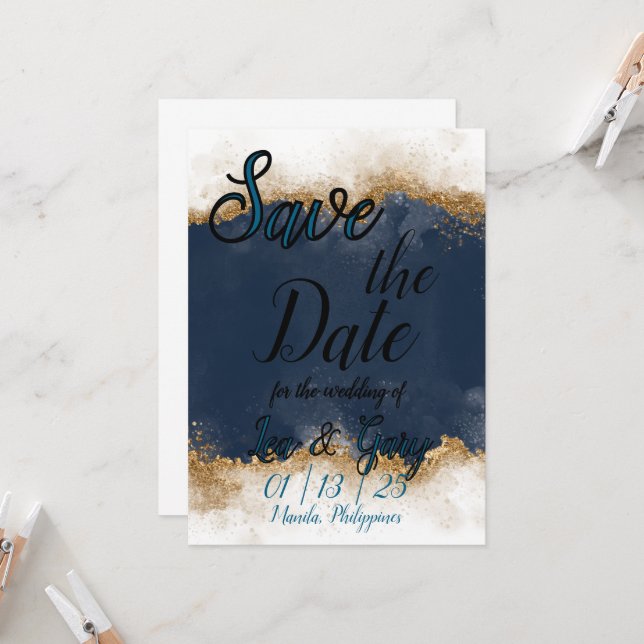 Royal Blue & Guld Stardust Save Date Card Inbjudningar (Fram/Back In Situ)