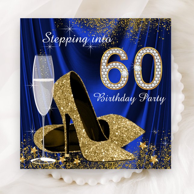 Royal Blue Guld Stepping till 60 Födelsedagsfester Inbjudningar (Womans royal blue satin, gold high heels and diamond numbers 60th birthday invitation. )