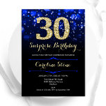Royal Blue Guld Surprise 30års födelsedag Inbjudningar<br><div class="desc">Överraskad 30års födelsedag-inbjudan. Elegantens royal blå design med faux glitter guld. Innehåller snyggtens diamanter, bokeh ljus och skriptteckensnitt. Manar eller kvinnor i inbjudan. Perfekt för en födelsedagsfest för vuxen av snyggt. Anpassa med dina egna detaljer. Berätta om du behöver anpassa dig ytterligare. Skrivna Zazzle-inbjudningar eller digital utskrivbar mall för omedelbar...</div>