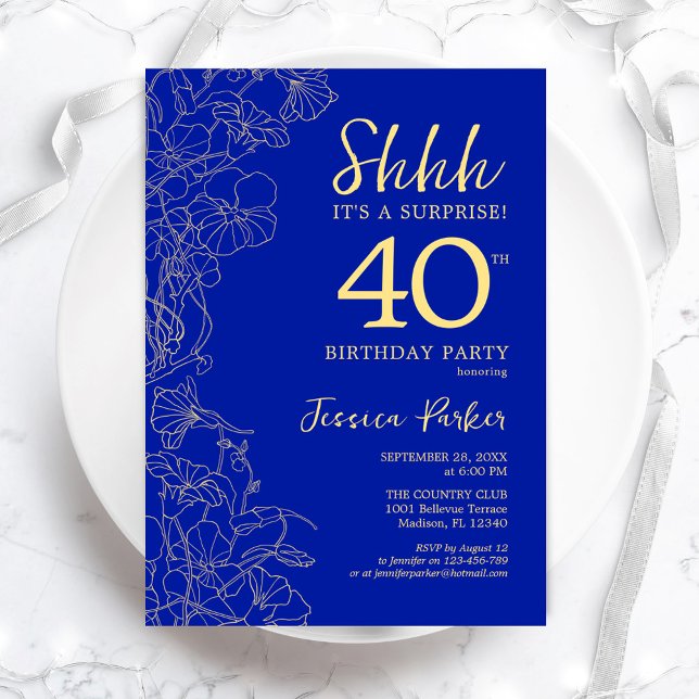 Royal Blue Guld Surprise 40:e födelsedagen Inbjudningar (Skapare uppladdad)