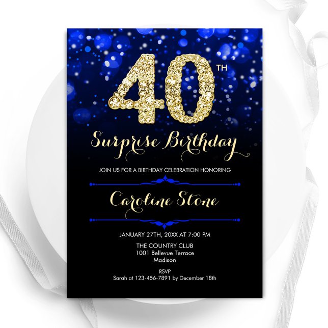 Royal Blue Guld Surprise 40:e födelsedagen Inbjudningar (Skapare uppladdad)
