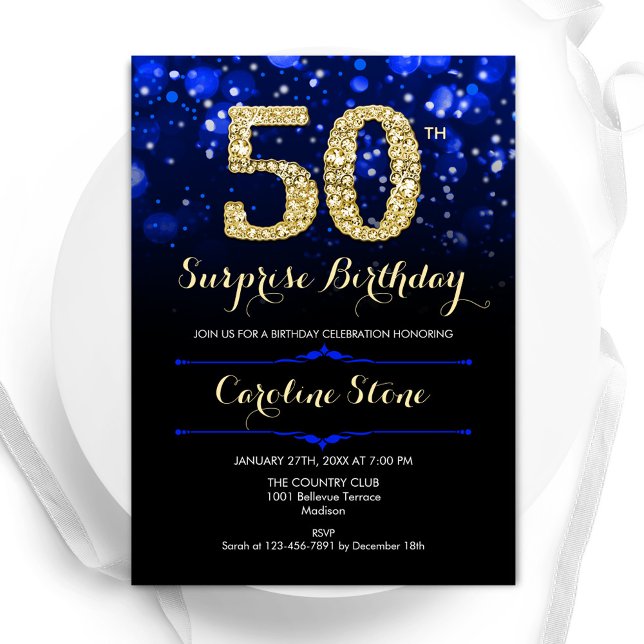 Royal Blue Guld Surprise 50:e födelsedagen Inbjudningar (Skapare uppladdad)