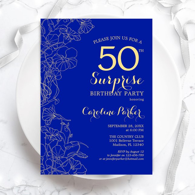Royal Blue Guld Surprise 50:e Födelsedagsfesten Inbjudningar (Skapare uppladdad)