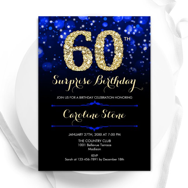 Royal Blue Guld Surprise 60:e födelsedagen Inbjudningar (Skapare uppladdad)