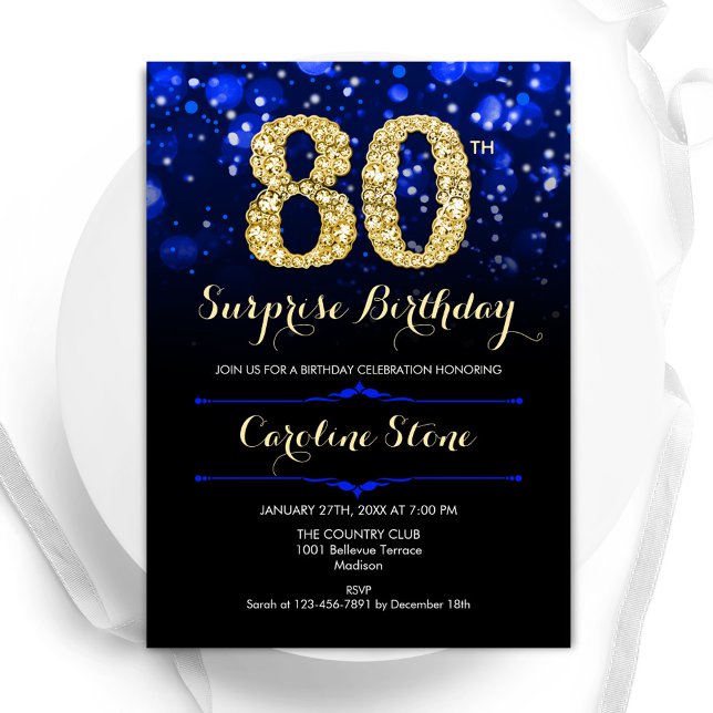 Royal Blue Guld Surprise 80:e födelsedagen Inbjudningar (Skapare uppladdad)