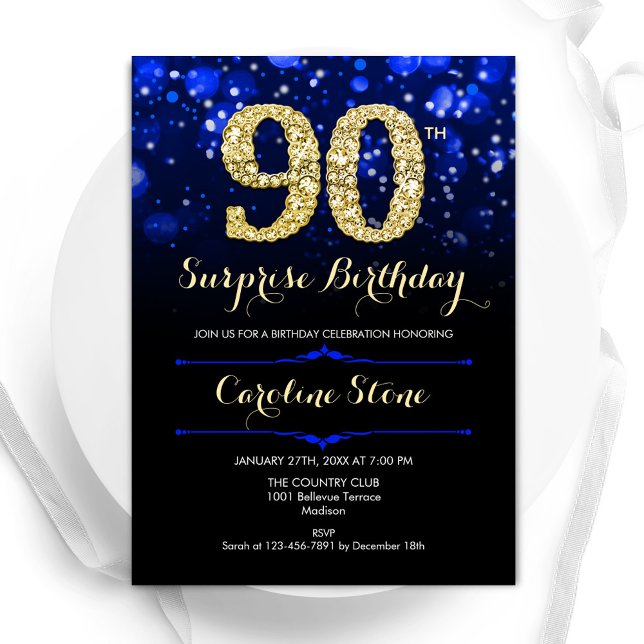 Royal Blue Guld Surprise 90:e födelsedag Inbjudningar (Skapare uppladdad)