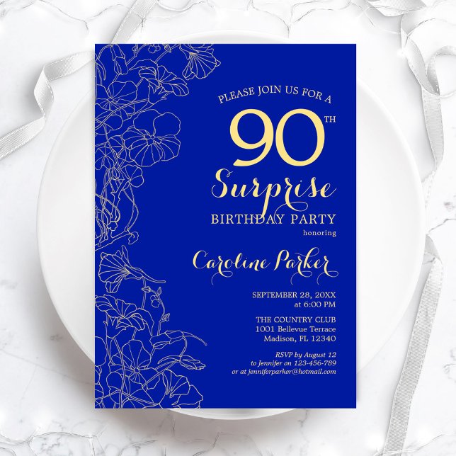 Royal Blue Guld Surprise 90:e Födelsedagsfest Inbjudningar (Skapare uppladdad)