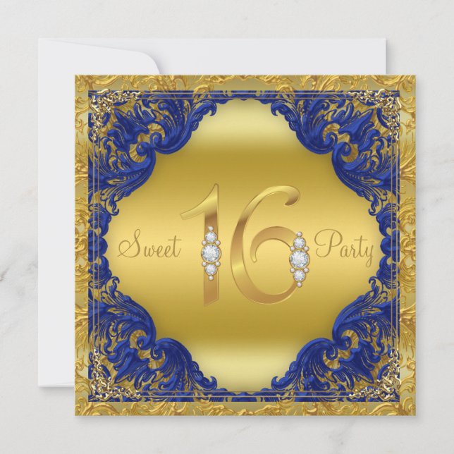Royal Blue Guld Swirl Sweet 16 Party Inbjudningar (Framsida)