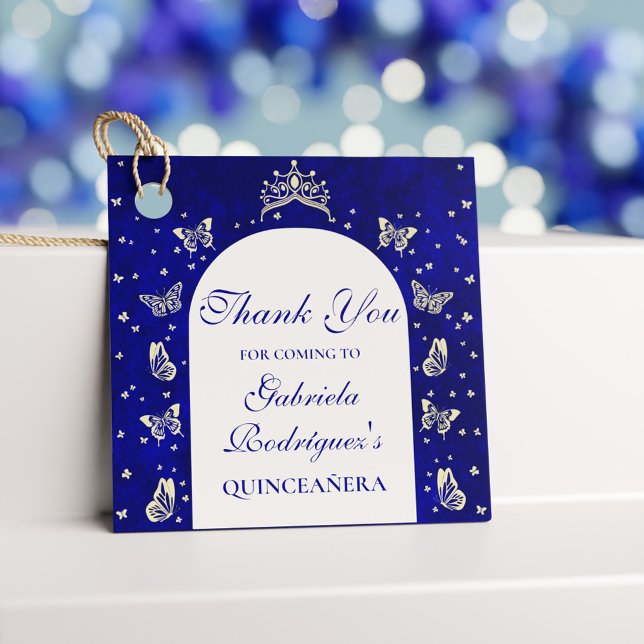 Royal Blue Guld Tiara Butterflies Quinceañera 15:e Gåvor Etiketter (Royal Blue Gold Tiara Butterflies Quinceañera 15th Favor Tags)