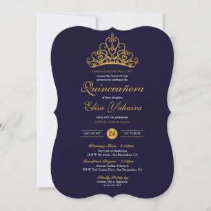 Royal Blue Guld Tiara Krona Elegant Quinceañera Inbjudningar