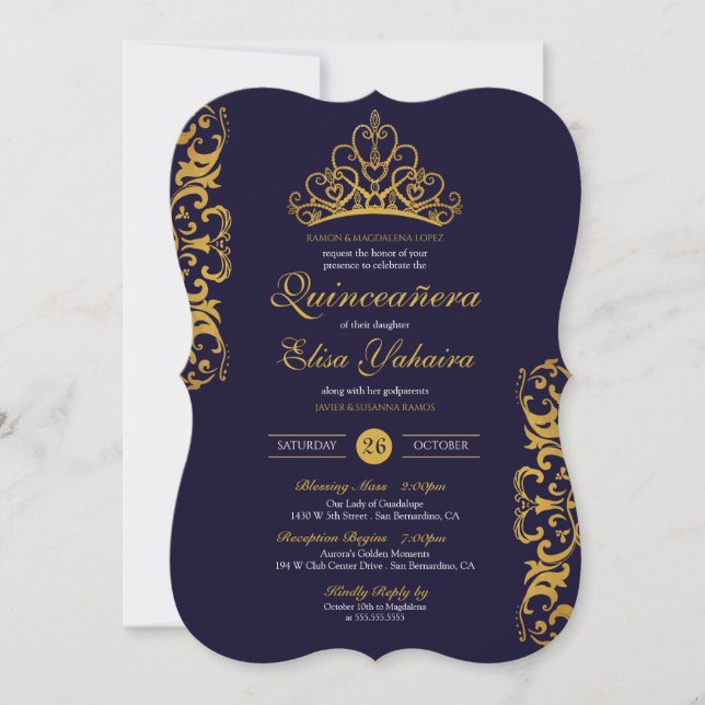 Royal Blue & Guld Tiara Krona Elegant Quinceañera Inbjudningar (Framsida)