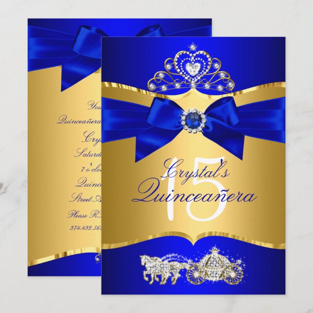 Royal Blue Guld Tiara Pärlslinga Quinceanera Inbjudningar (Fram/baksida)