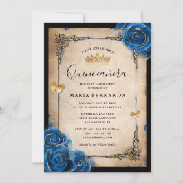 Royal Blue Guld Watercolor Elegant Quinceanera Inbjudningar