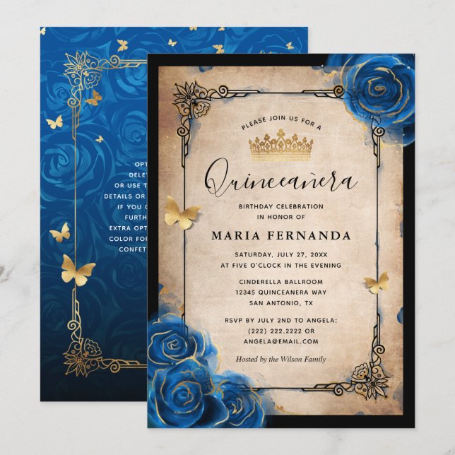 Royal Blue Guld Watercolor Elegant Quinceanera Inbjudningar (Fram/baksida)