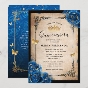 Royal Blue Guld Watercolor Elegant Quinceanera Inbjudningar