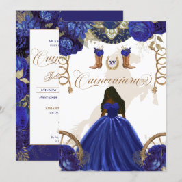 Royal Blue Guld Western Charro 2-sidig Quinceanera Inbjudningar