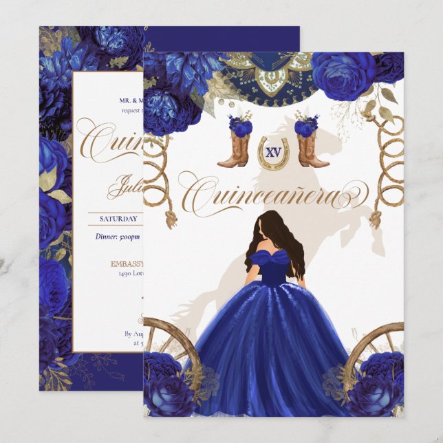 Royal Blue Guld Western Charro 2-sidig Quinceanera Inbjudningar (Fram/baksida)