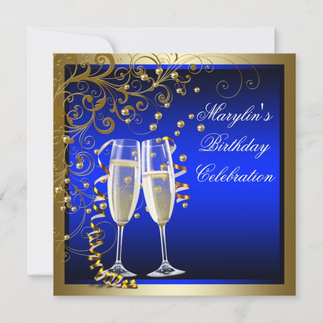Royal Blue Guld Womans Blue Guld Birthday Inbjudningar (Framsida)