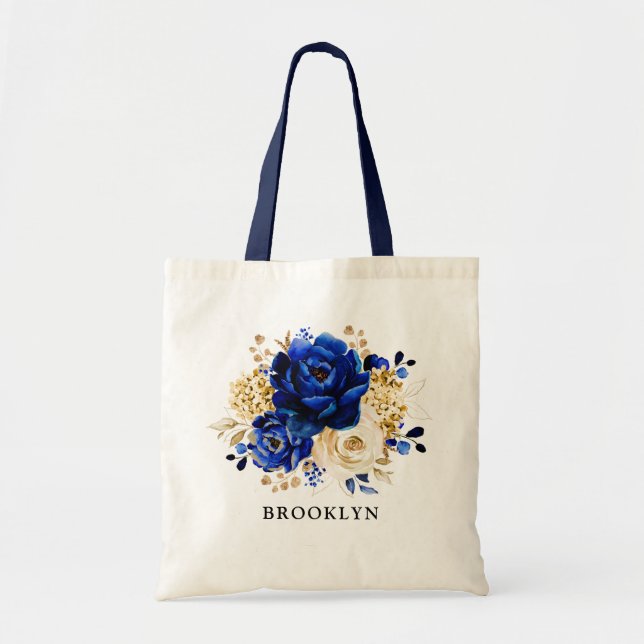 Royal Blue Gult Guld Blommigt Bridesmaid gift Tote Tygkasse (Framsidan)