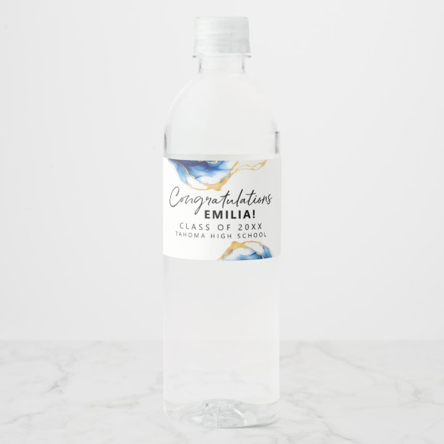 Royal Blue Gult Guld Elegant Studenten Vattenflaskor Etikett (Framsida)