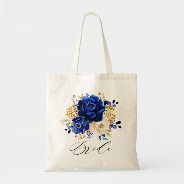 Royal Blue Gult Guld Metallic Blommigt Bride Tygkasse (Framsidan)