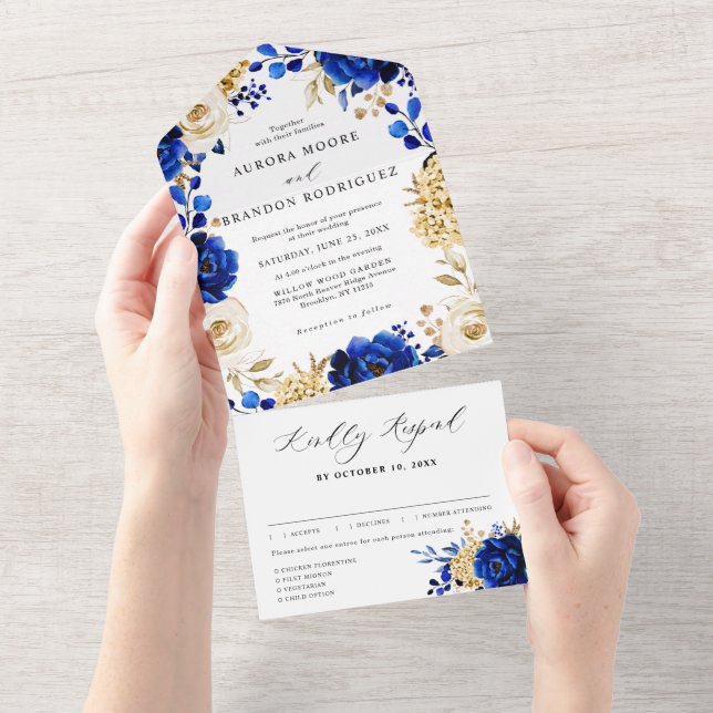 Royal Blue Gult Guld Metallic Blommigt Bröllop (Avrivbar del)