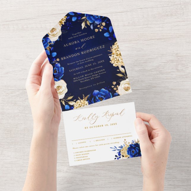 Royal Blue Gult Guld Metallic Blommigt Bröllop (Avrivbar del)