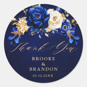 Royal Blue Gult Guld Metallic Blommigt Bröllop Cla Runt Klistermärke