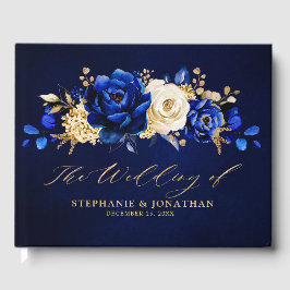 Royal Blue Gult Guld Metallic Blommigt Bröllop Gue Gästböcker