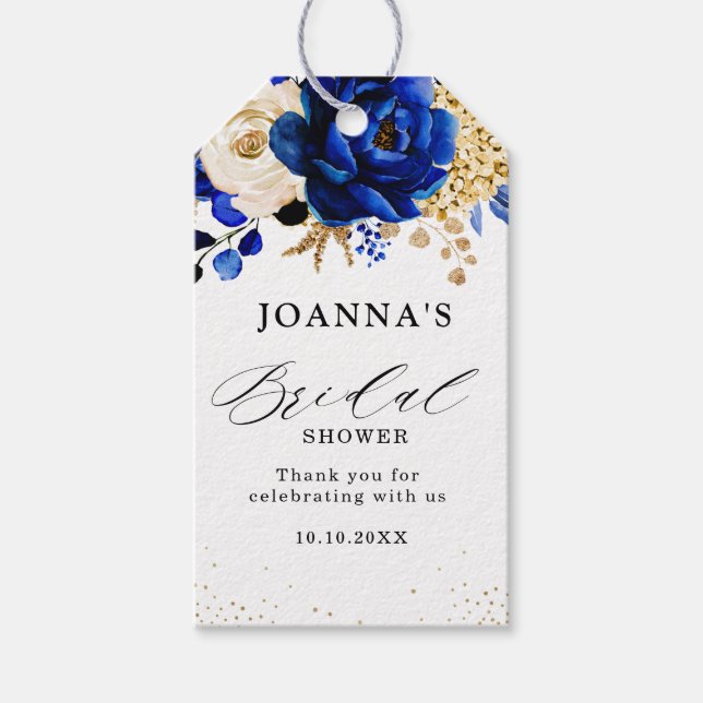 Royal Blue Gult Guld Metallic Blommigt Bröllop Presentetikett (Framsidan)